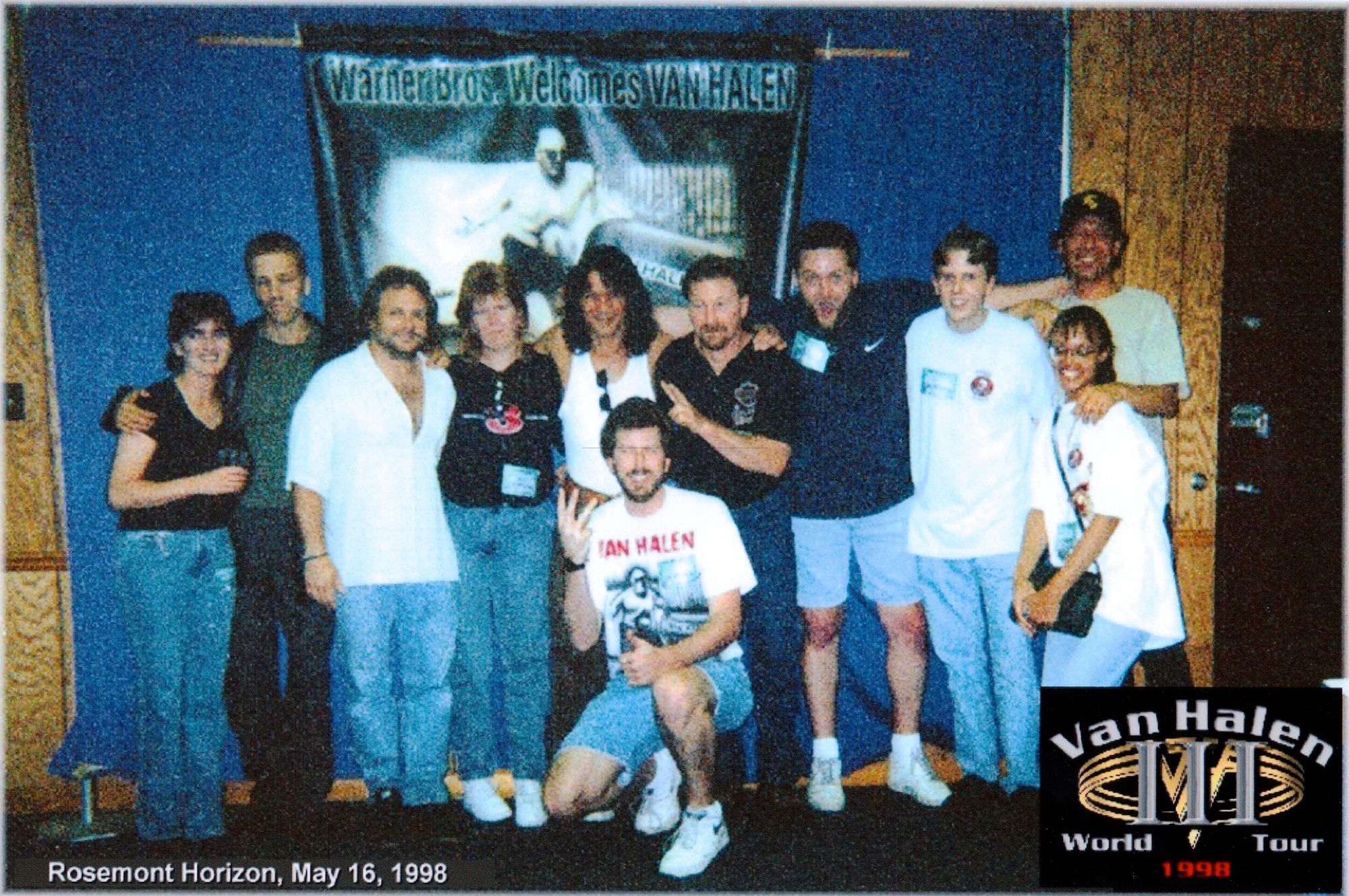 I’m the one Alex Van Halen is leaning on. We were all so fashionable! Kneeling is the king nerd of all Van Halen data, Ron Higgins — also known to Van Halen podcast fans as “Midwest Fucking Ron.”
